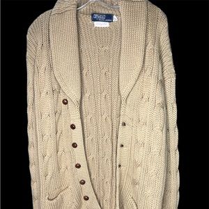 cardigan Polo Ralph Lauren sweater 100% virgin wool tan M/L see pics for flaw